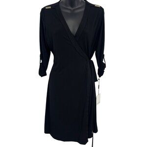 Calvin Klein Black Wrap Dress Size 4 Gold Accents 3/4 Sleeves V-Neck Women New